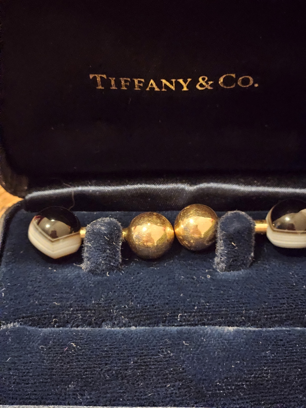 Tiffany & Co. 14K Yellow Gold Banded Agate Barbell Cufflinks